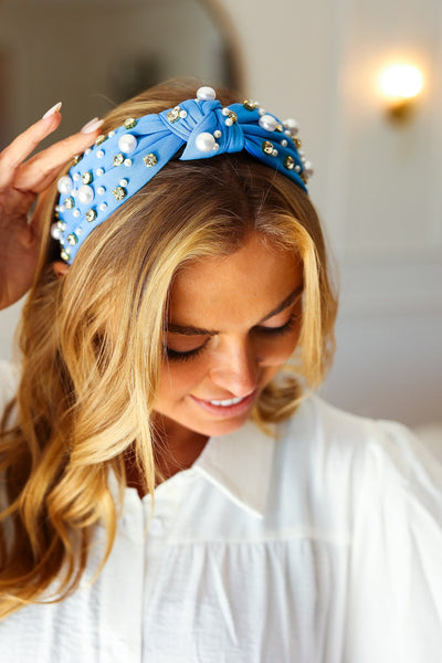 Showing Off Top Knot Knit Headband in Blue
