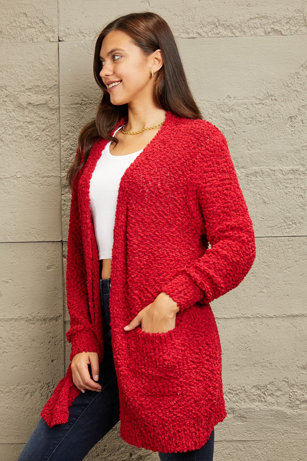 Falling For You Popcorn Cardigan - Red