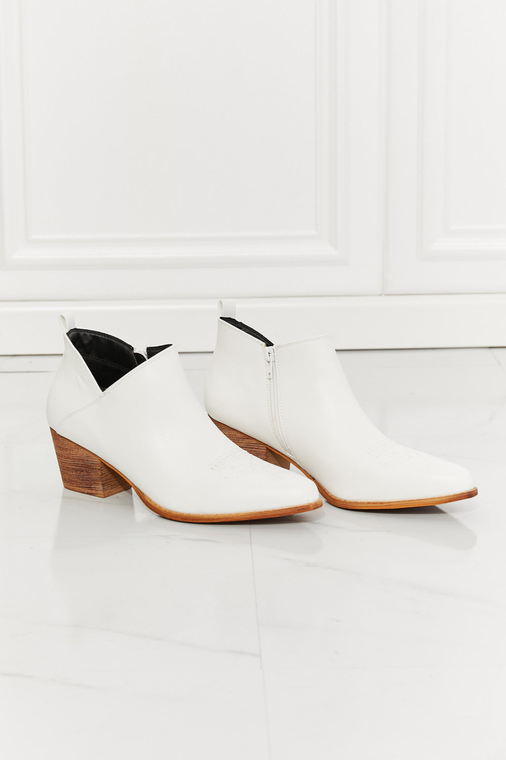 Trust Yourself Embroidered Crossover Cowboy Bootie in White - Copper + Rose