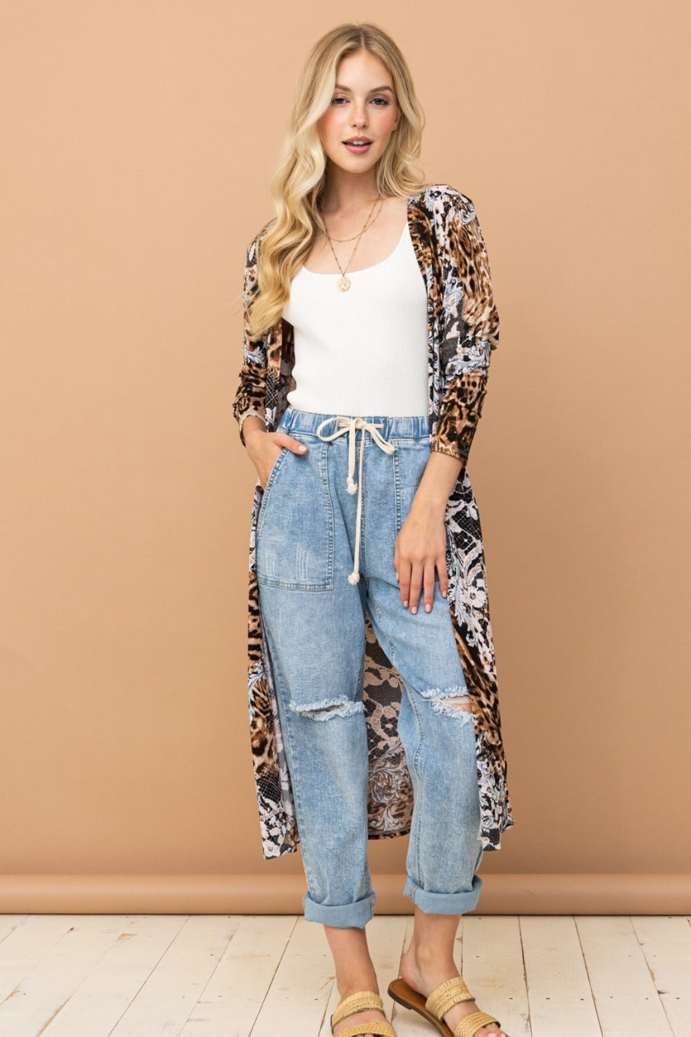 And The Why Open Front Longline Cardigan - Leopard