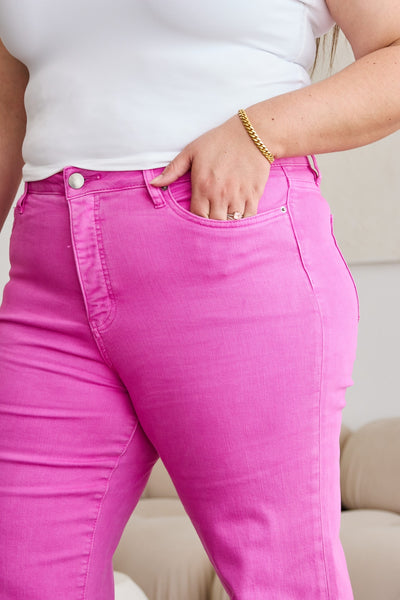 Chloe Tummy Control Raw Hem Jeans in Pink Rouge