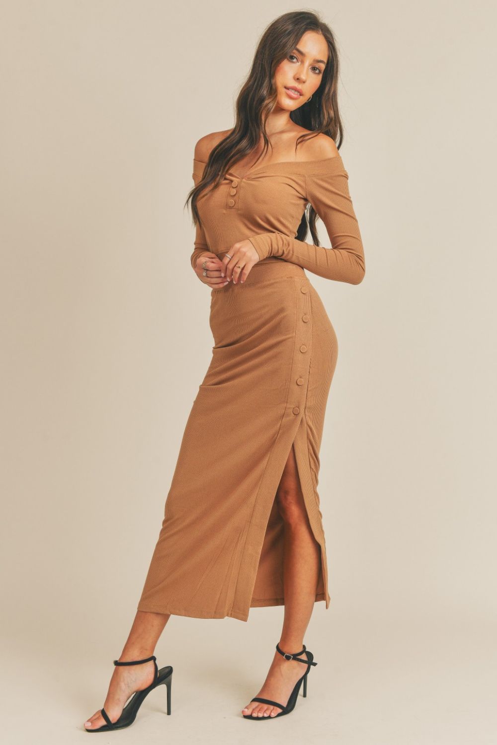 MABLE Button Detail Crop Top and Slit Midi Skirt Set - Dusty Brown