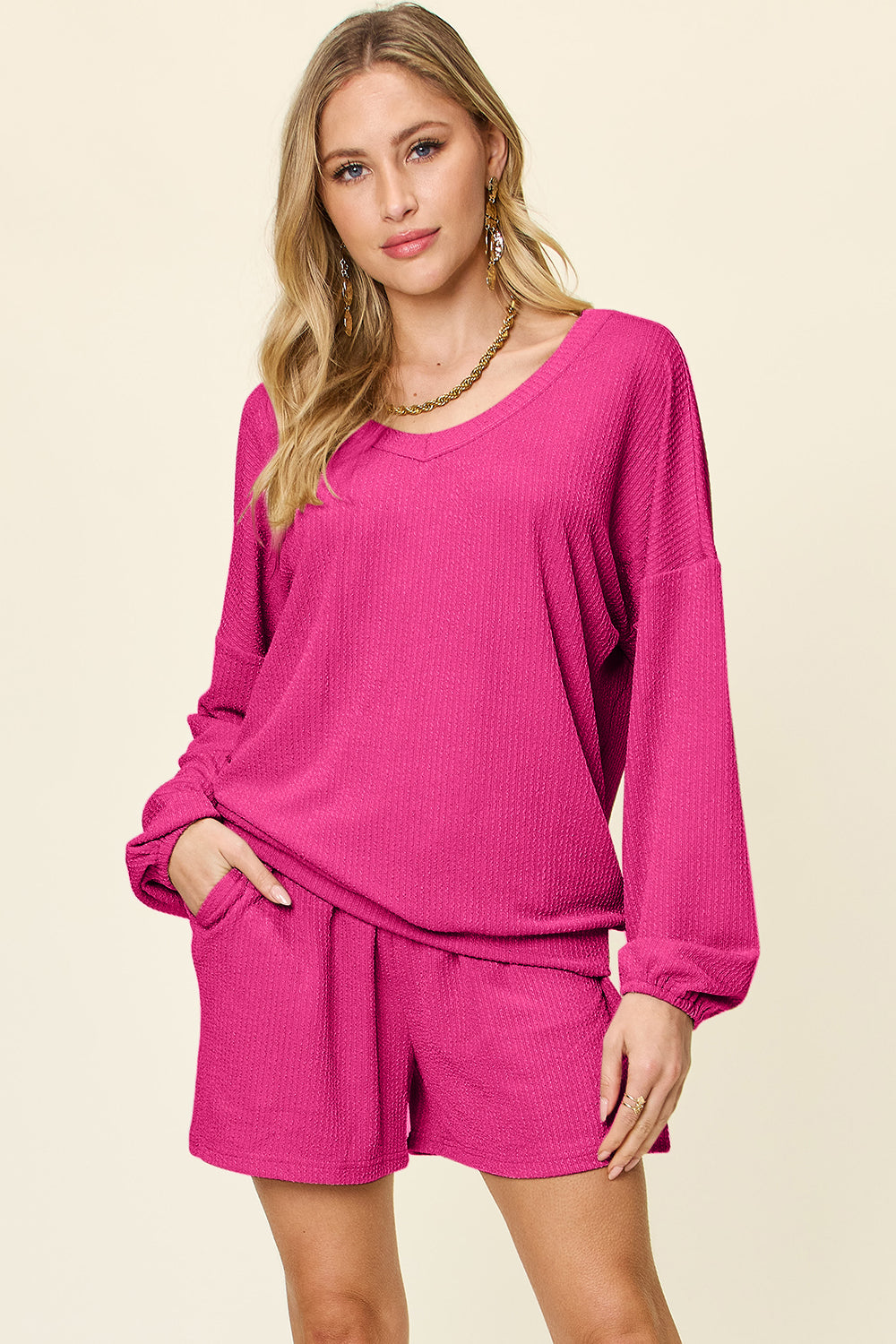 Texture V-Neck Long Sleeve T-Shirt and Shorts Set