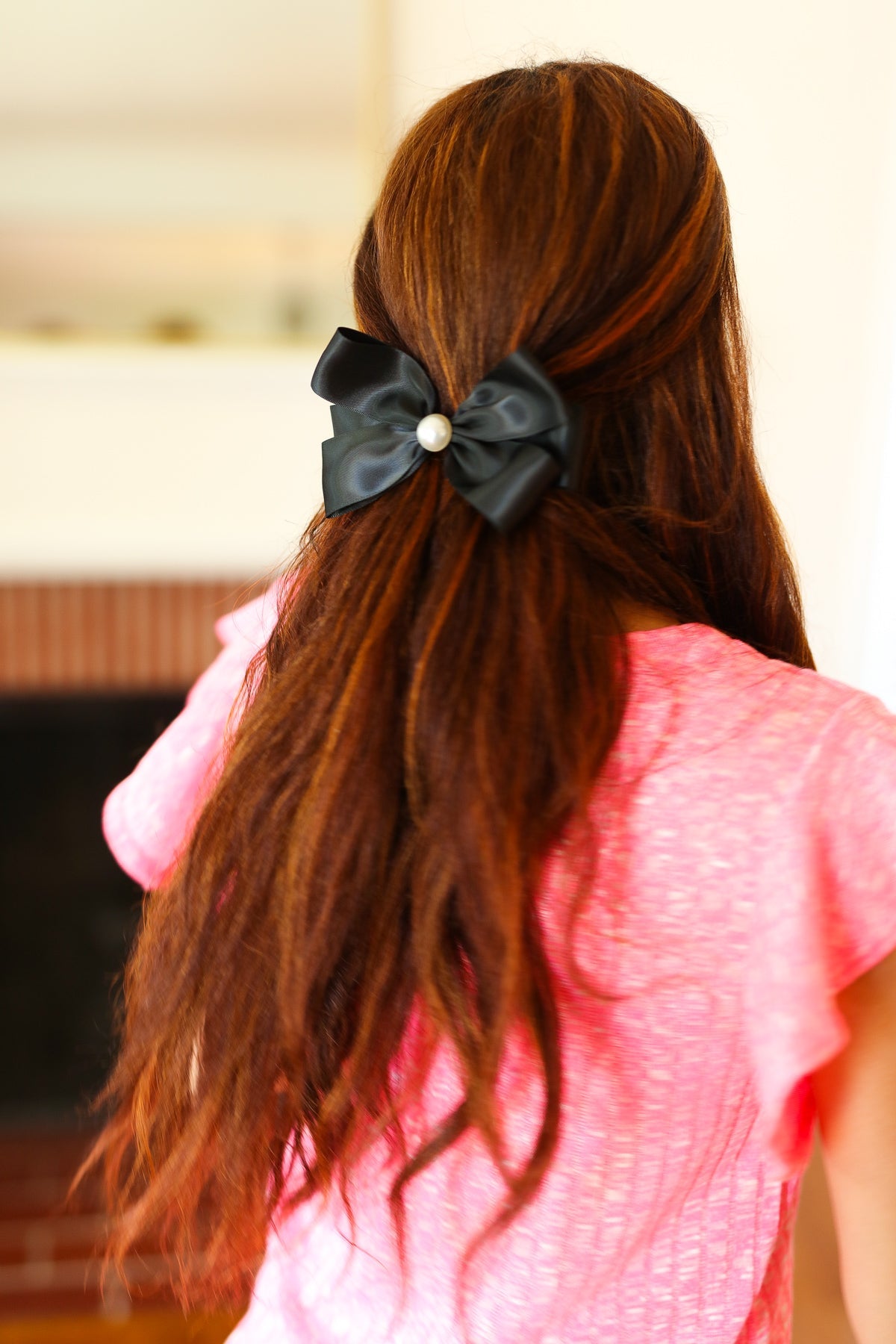 Satin Pearl Detail Coquette Bow in Black