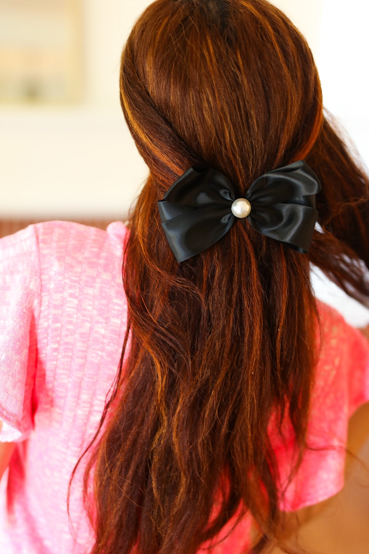 Satin Pearl Detail Coquette Bow in Black
