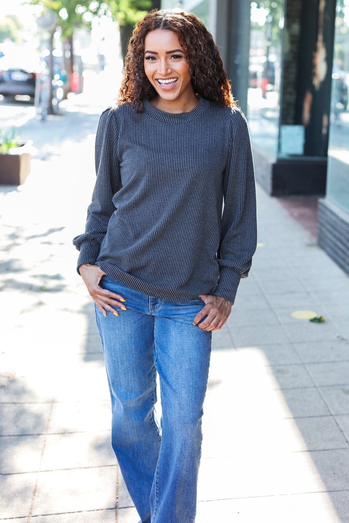 Everyday Rib Mineral Wash Long Sleeve Top in Charcoal