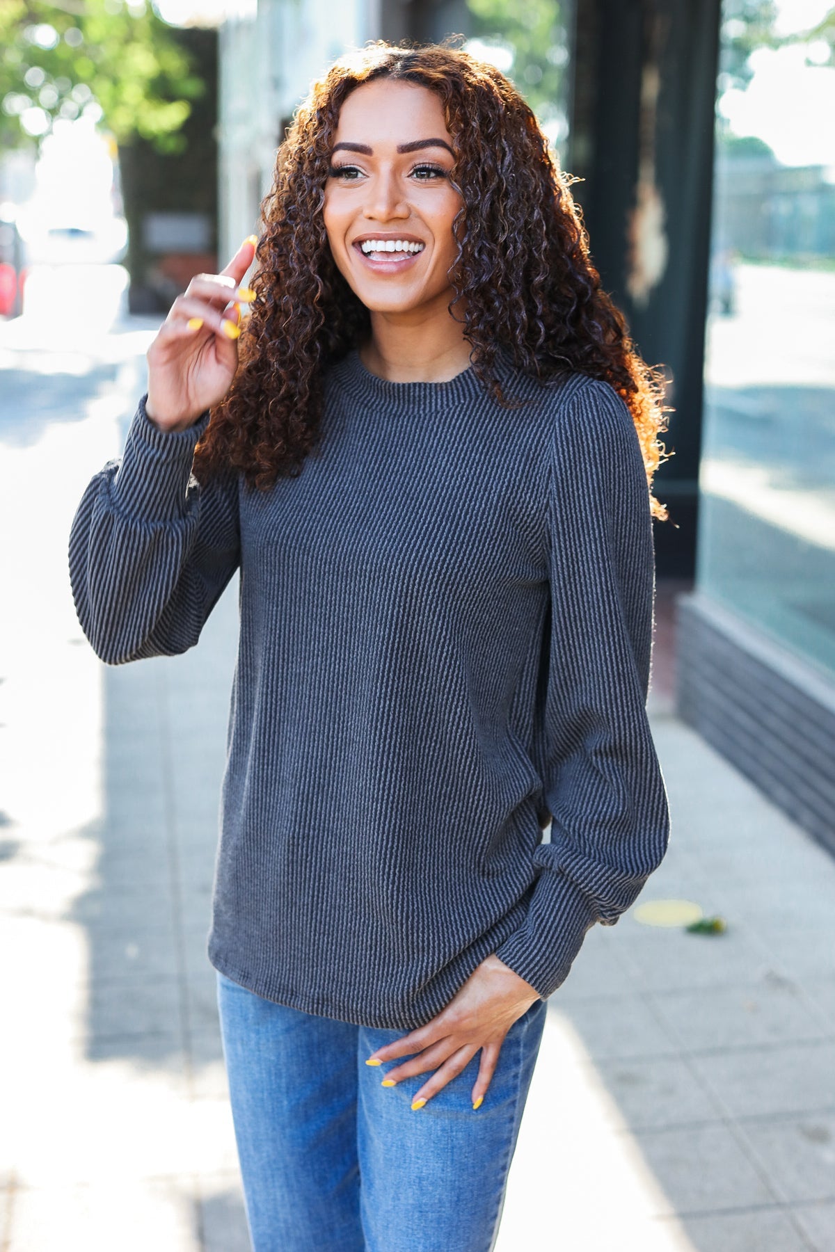 Everyday Rib Mineral Wash Long Sleeve Top in Charcoal