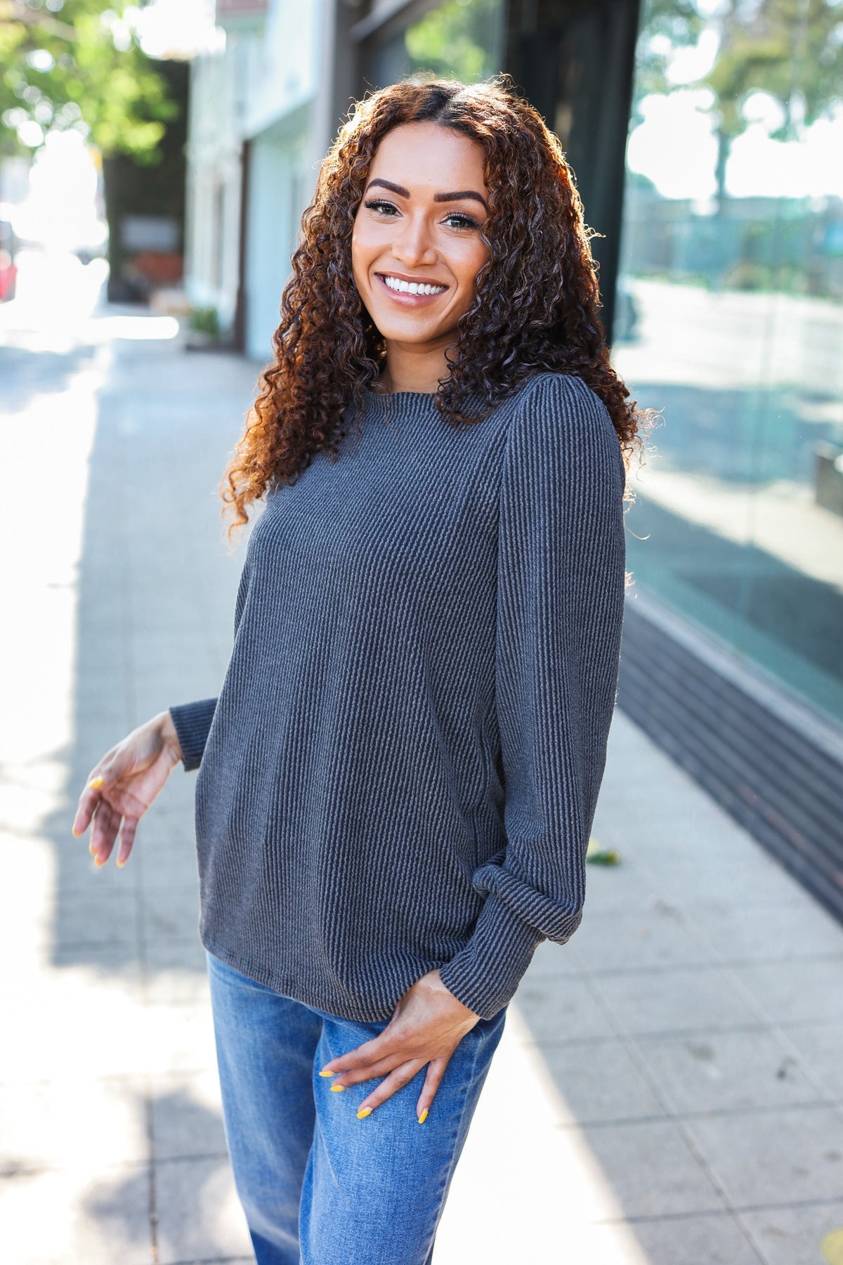 Everyday Rib Mineral Wash Long Sleeve Top in Charcoal