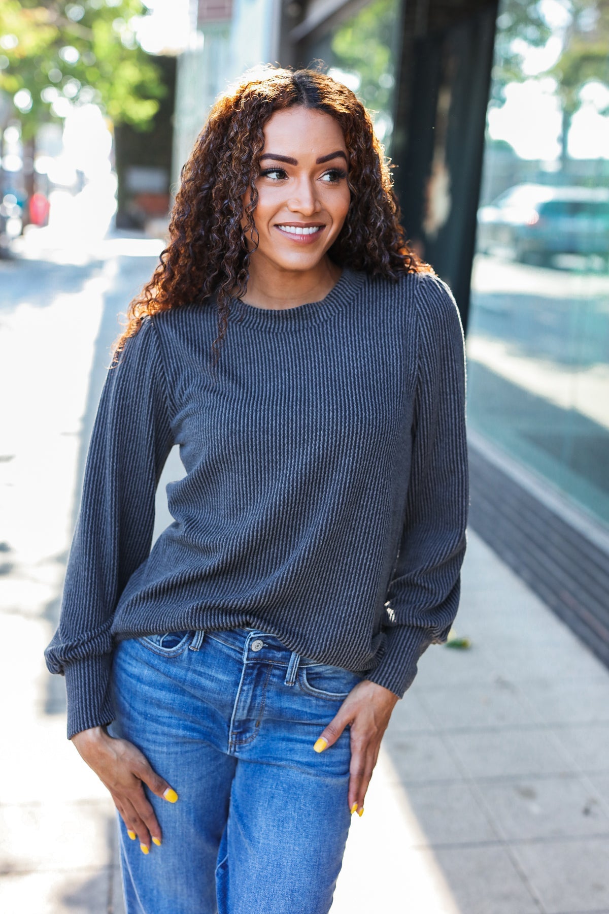 Everyday Rib Mineral Wash Long Sleeve Top in Charcoal