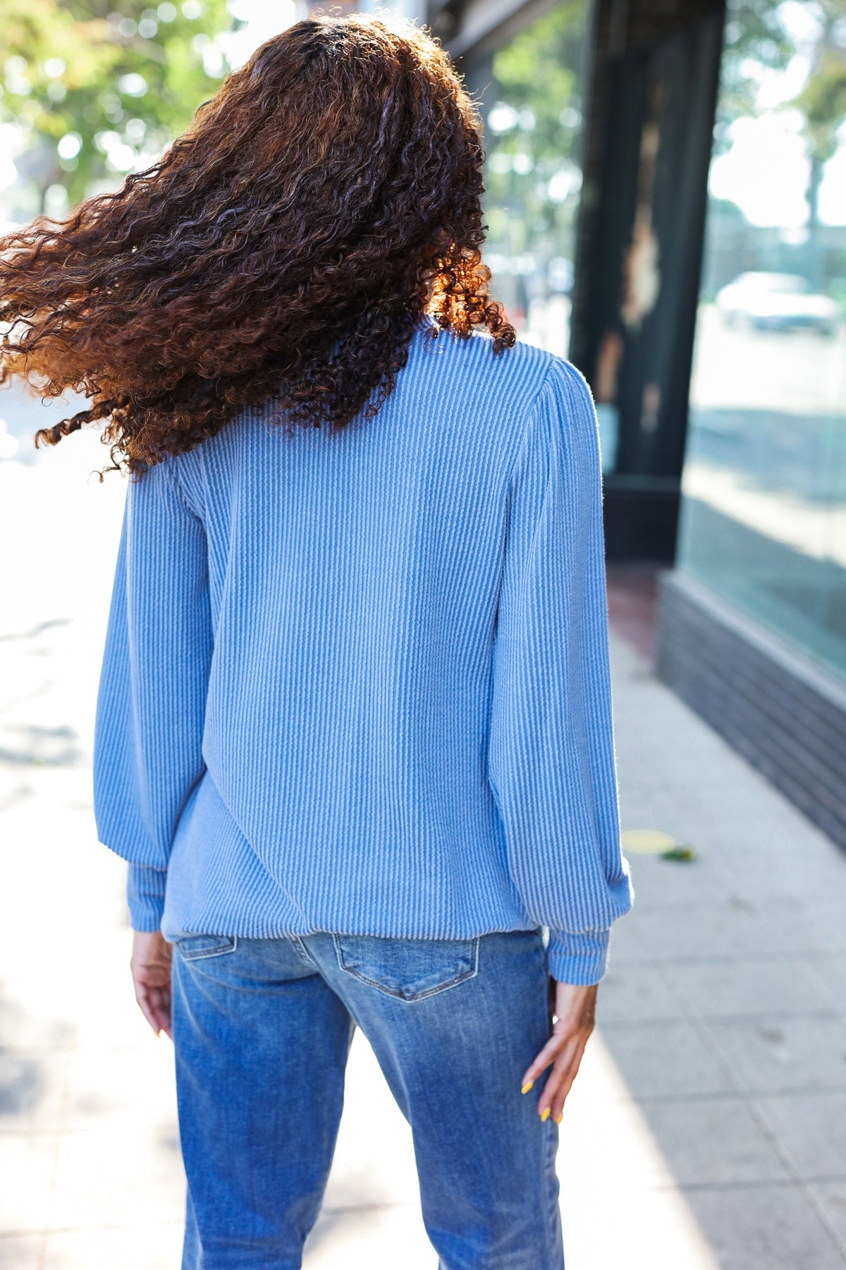 Everyday Rib Mineral Wash Long Sleeve Top in Vintage Denim