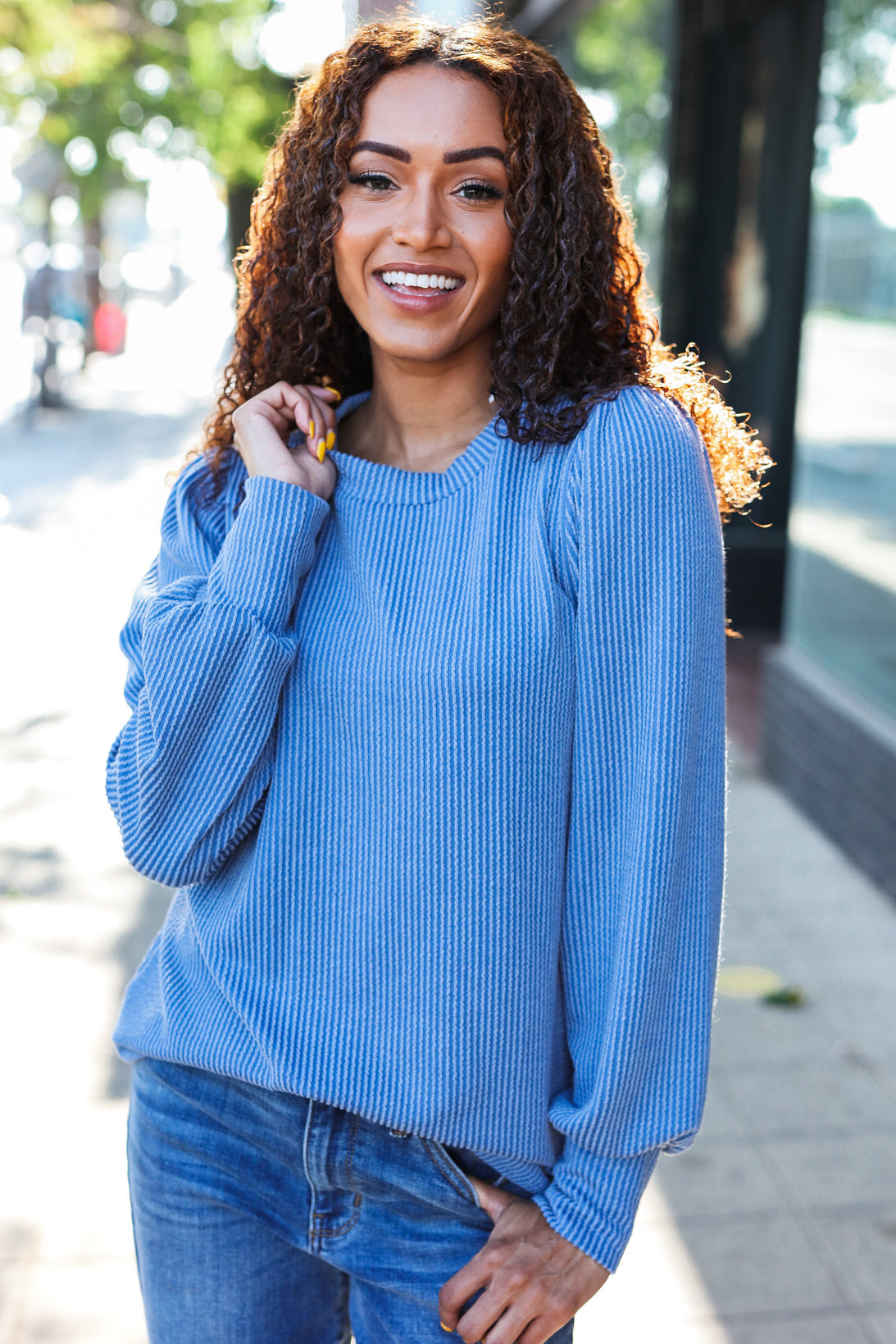 Everyday Rib Mineral Wash Long Sleeve Top in Vintage Denim