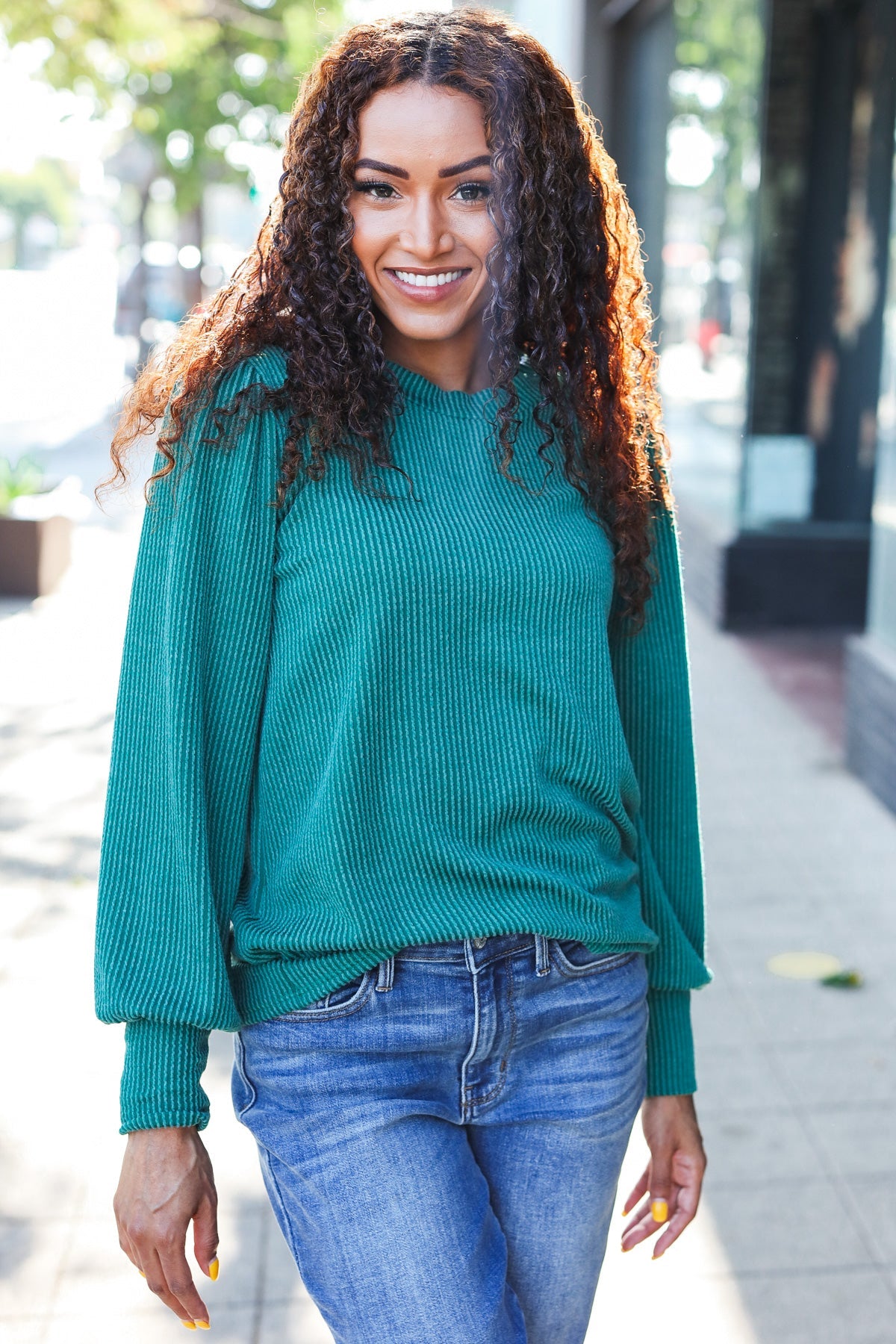 Everyday Rib Mineral Wash Long Sleeve Top in Hunter Green