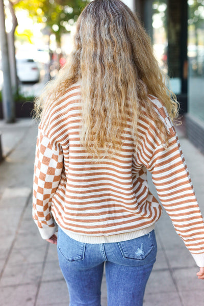 Cozy Days Checkered & Striped Cardigan - Taupe