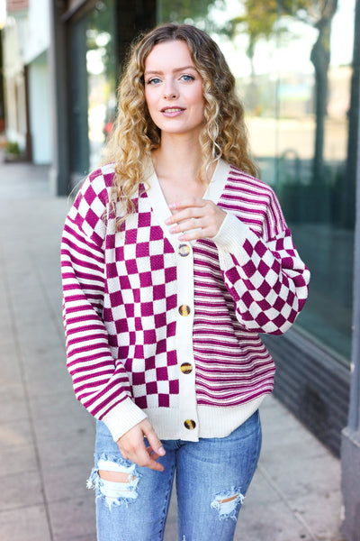 Cozy Days Checkered & Striped Cardigan - Magenta