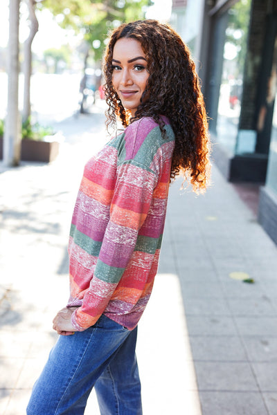 Fall Vibes Terry Long Sleeve Top - Rust & Olive