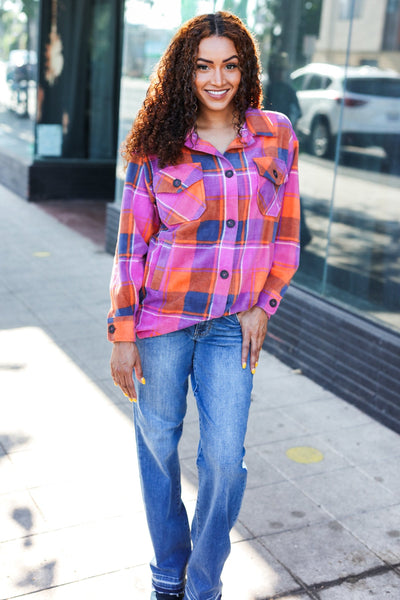 Stand Out Plaid Fleece Shacket - Magenta & Orange