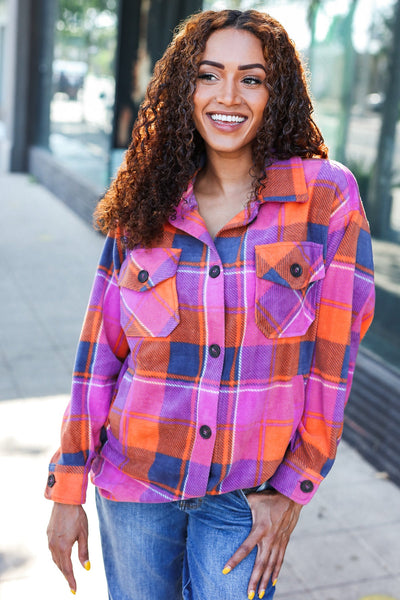 Stand Out Plaid Fleece Shacket - Magenta & Orange