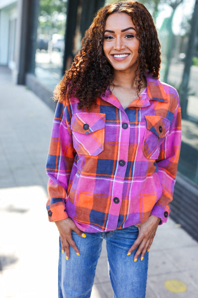 Stand Out Plaid Fleece Shacket - Magenta & Orange