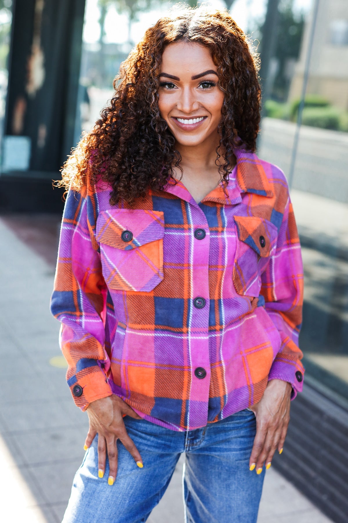 Stand Out Plaid Fleece Shacket - Magenta & Orange