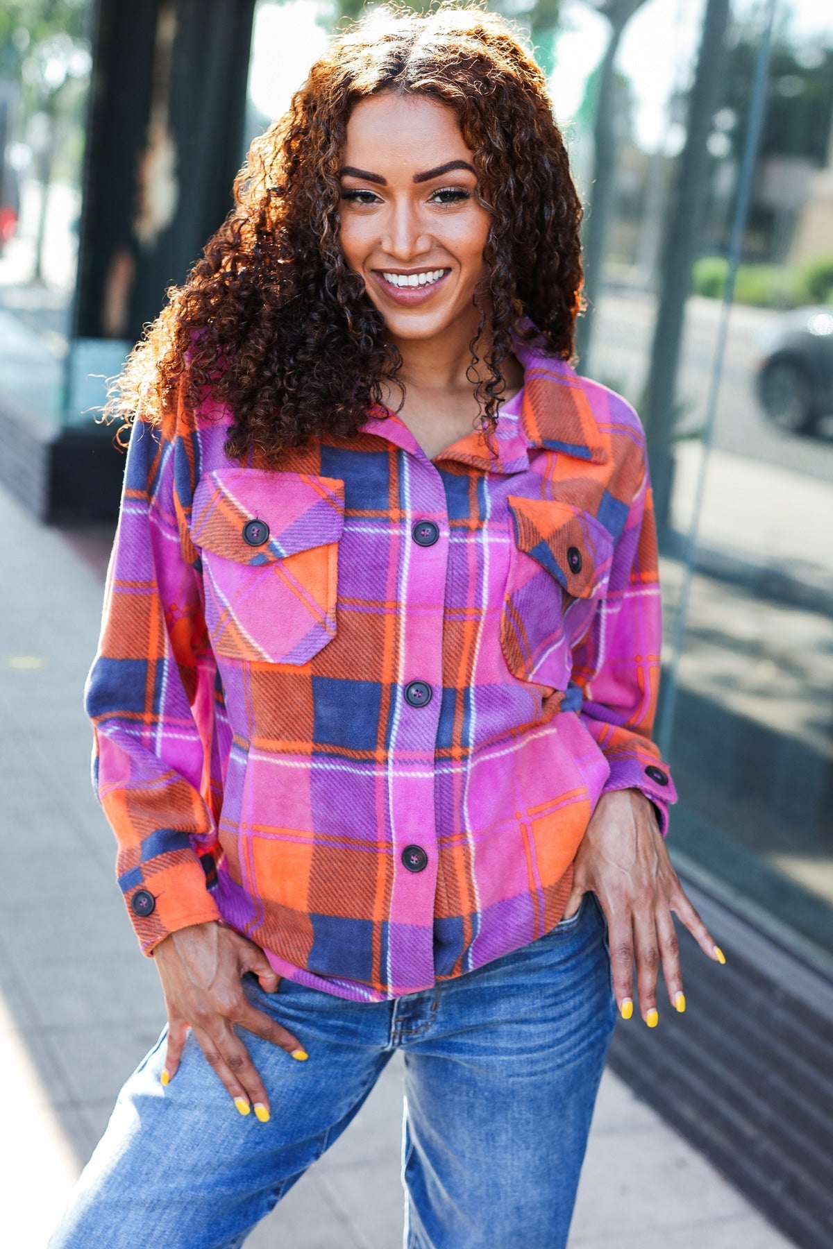 Stand Out Plaid Fleece Shacket - Magenta & Orange