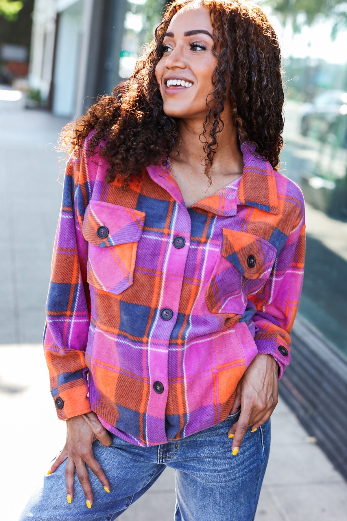 Stand Out Plaid Fleece Shacket - Magenta & Orange