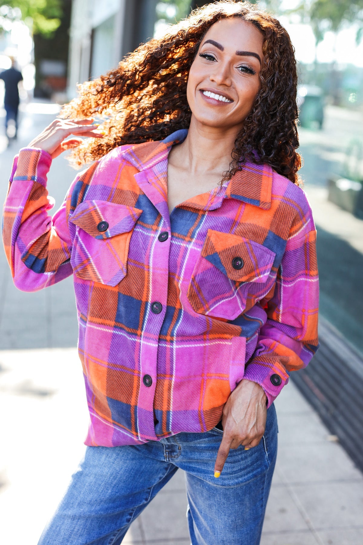 Stand Out Plaid Fleece Shacket - Magenta & Orange