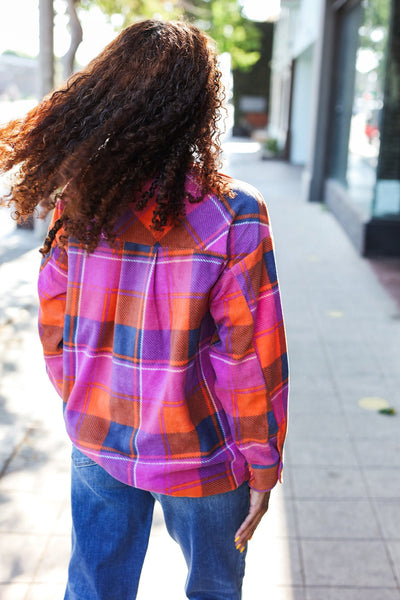 Stand Out Plaid Fleece Shacket - Magenta & Orange