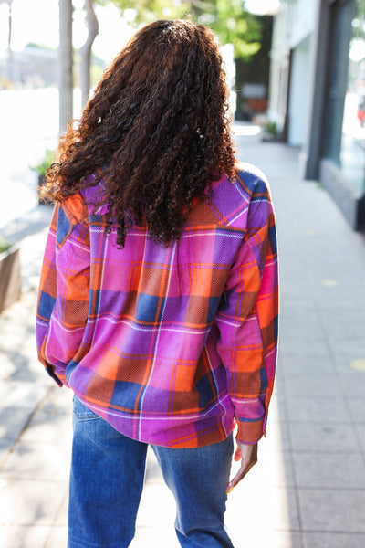 Stand Out Plaid Fleece Shacket - Magenta & Orange