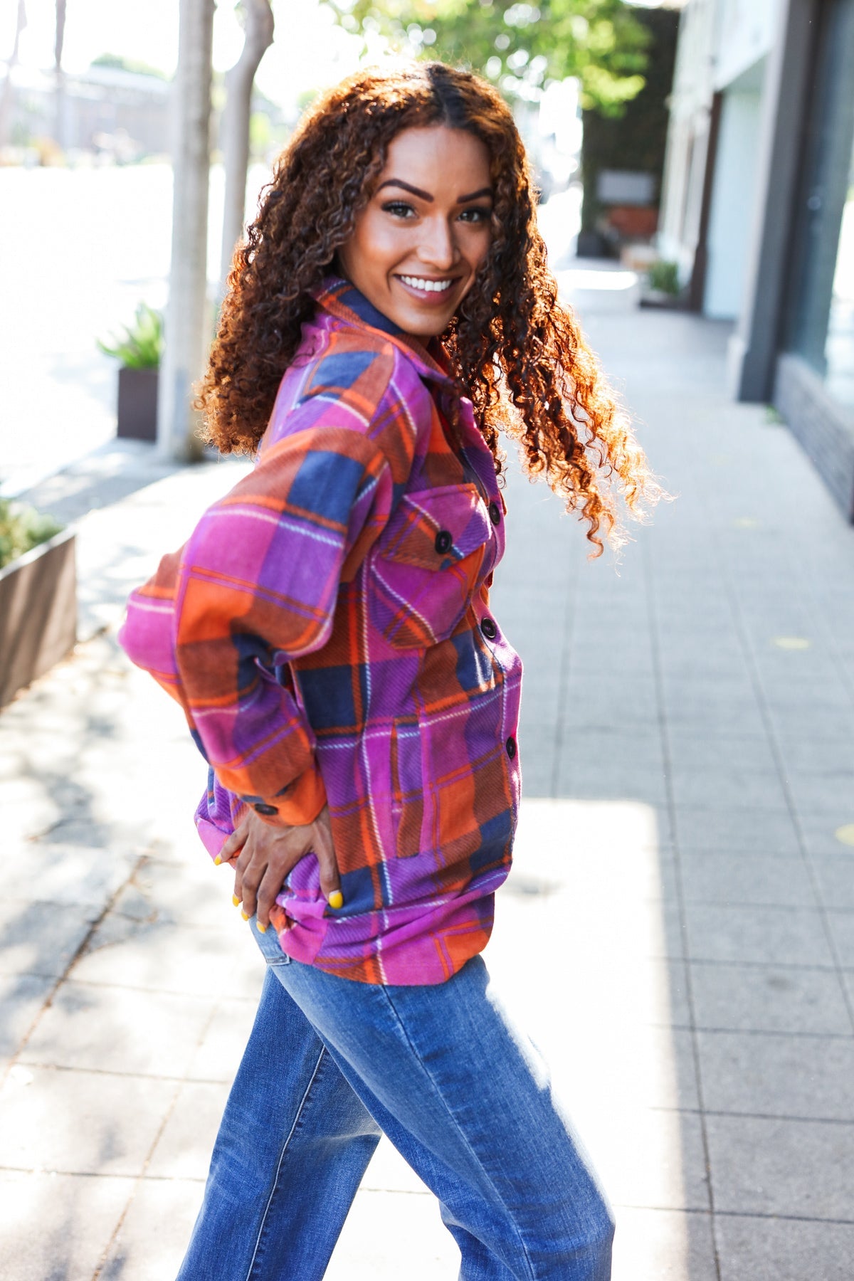 Stand Out Plaid Fleece Shacket - Magenta & Orange