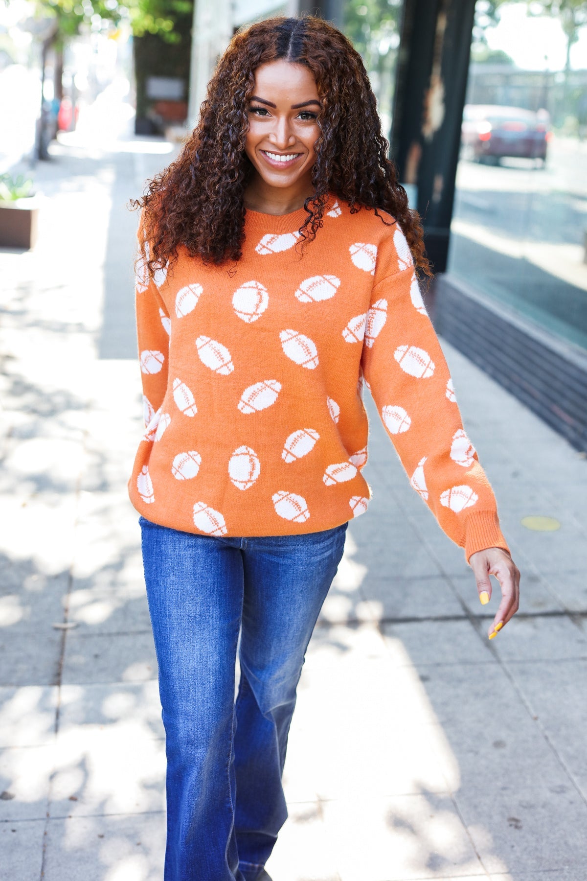 Game Day Orange Football Print Jacquard Knit Sweater