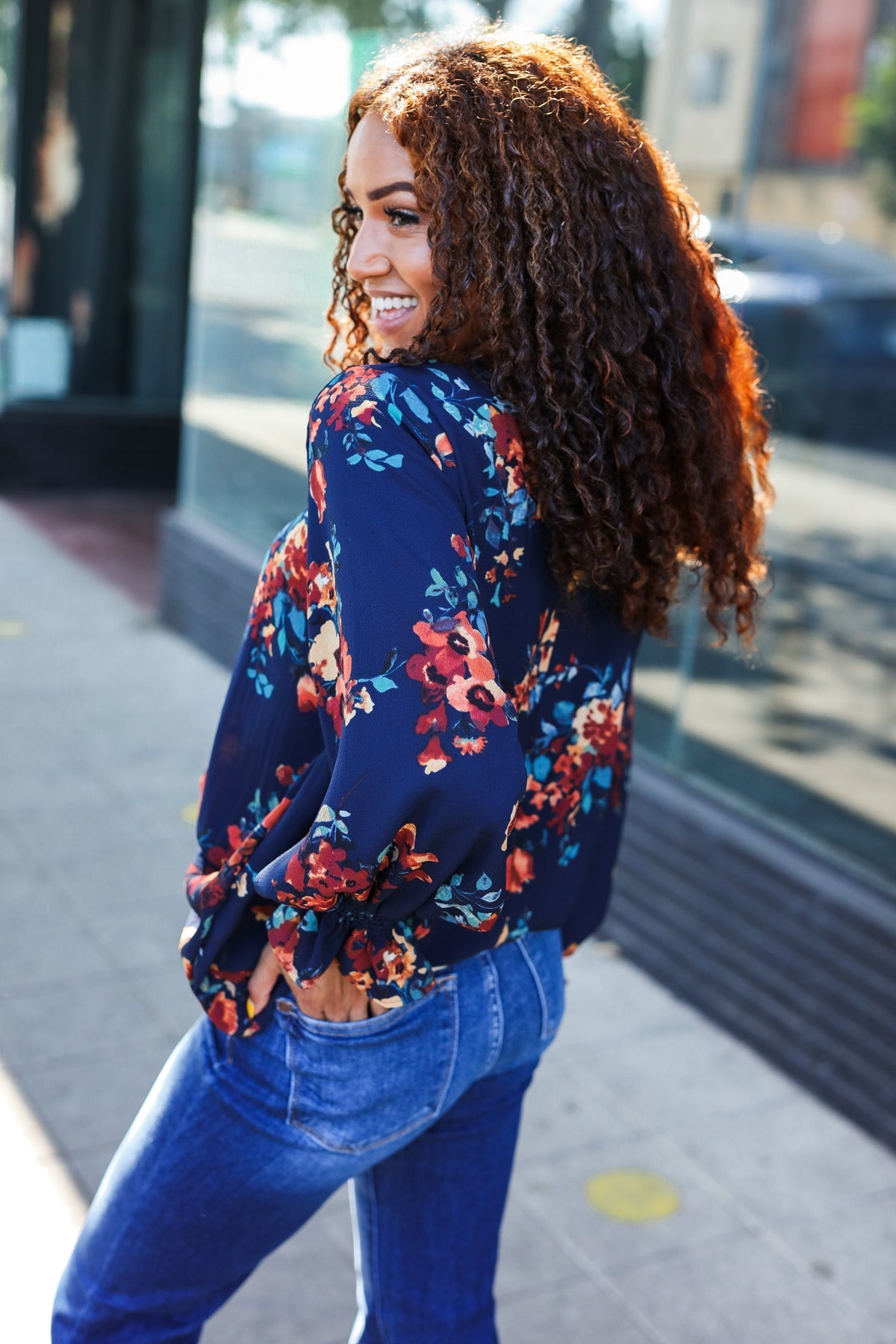 Lovely In Navy Floral Print Smocked Bubble Sleeve Woven Top