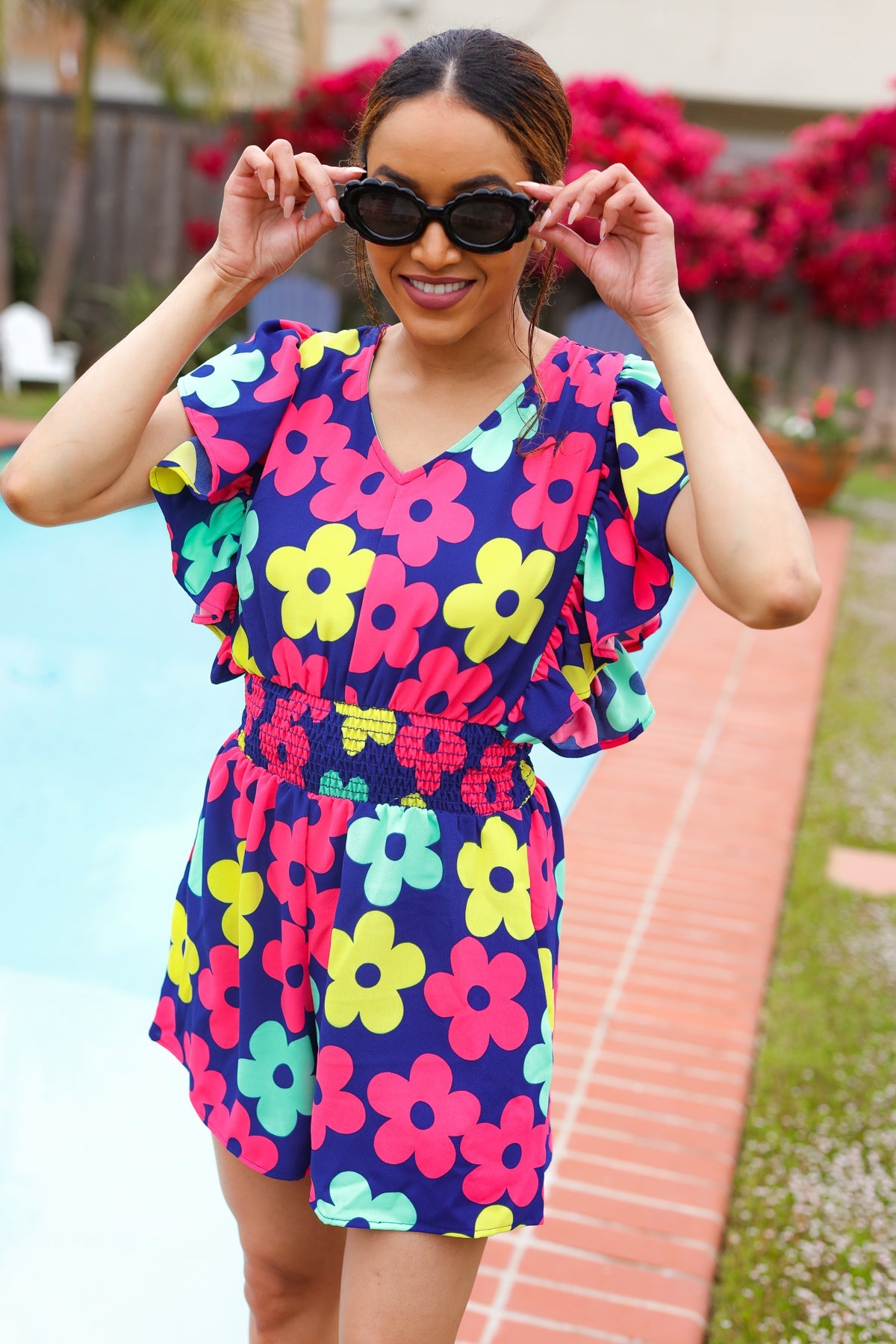 Feeling Bold Navy & Fuchsia Flutter Sleeve Romper