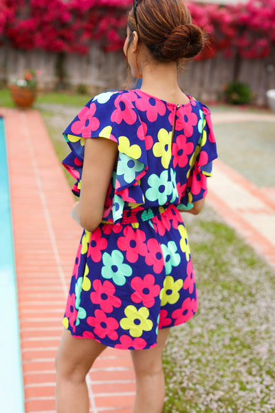 Feeling Bold Navy & Fuchsia Flutter Sleeve Romper