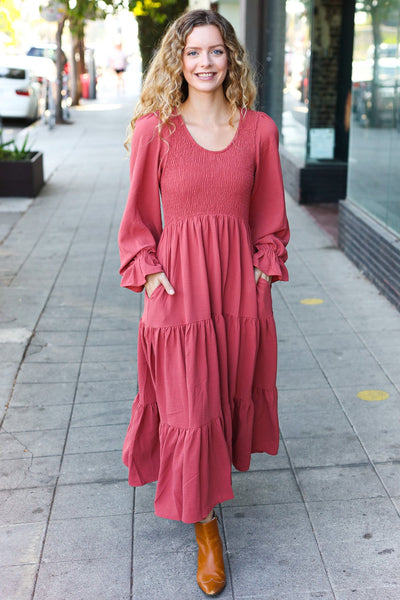 Beautiful You Lock Eyes Marsala Smocked Ruffle Sleeve Maxi Dress