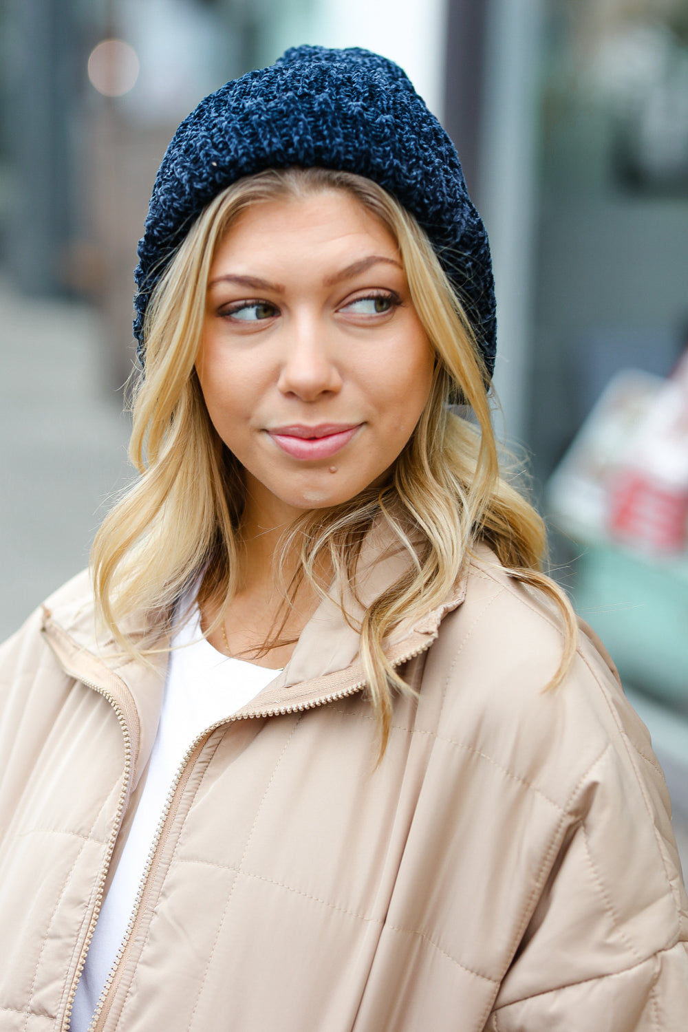 Velvet Chenille Fold Over Beanie in Navy