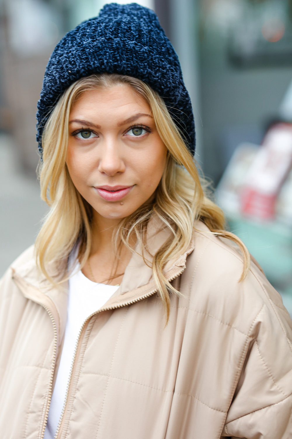 Velvet Chenille Fold Over Beanie in Navy