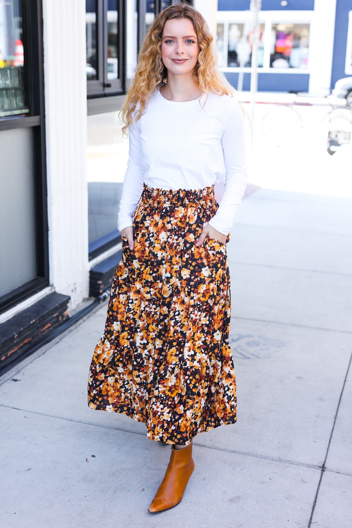 Casual Living Floral Tiered Smocked Waist Midi Skirt in Black