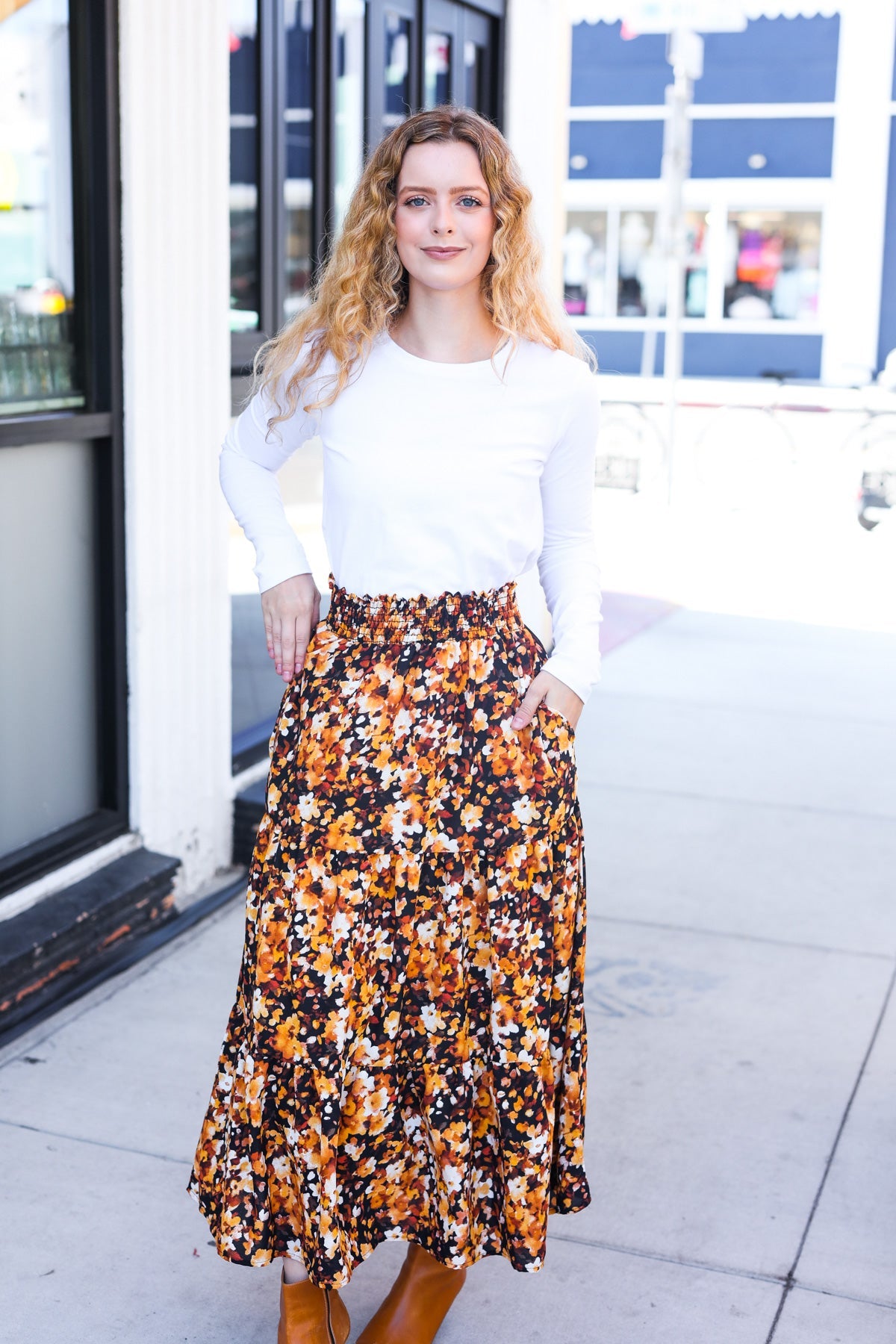 Casual Living Floral Tiered Smocked Waist Midi Skirt in Black