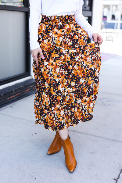 Casual Living Floral Tiered Smocked Waist Midi Skirt in Black