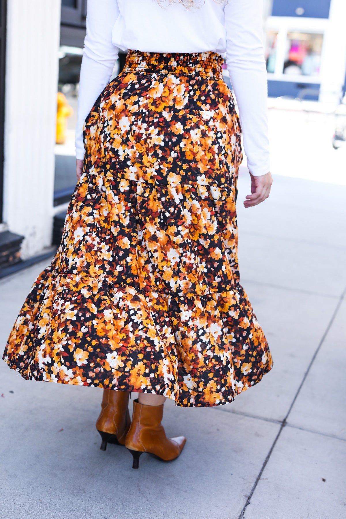 Casual Living Floral Tiered Smocked Waist Midi Skirt in Black