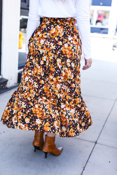 Casual Living Floral Tiered Smocked Waist Midi Skirt in Black