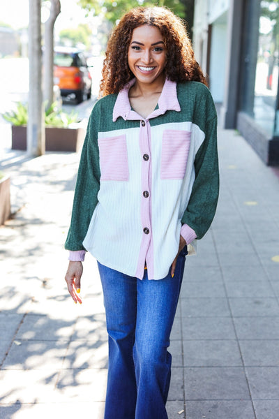 Pretty In Button Down Shacket - Pink & Olive