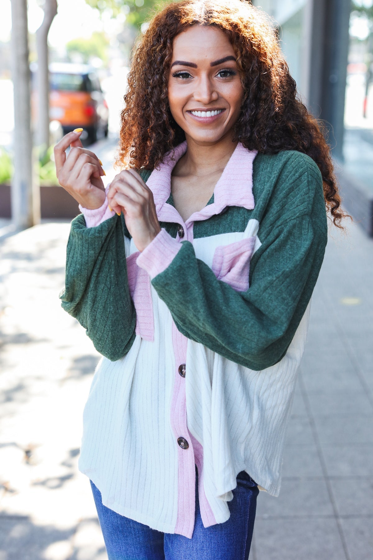 Pretty In Button Down Shacket - Pink & Olive