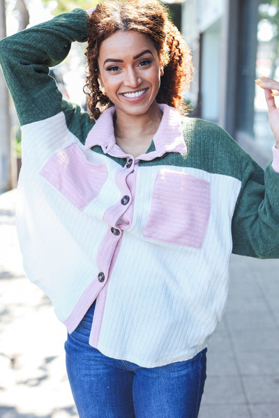 Pretty In Button Down Shacket - Pink & Olive