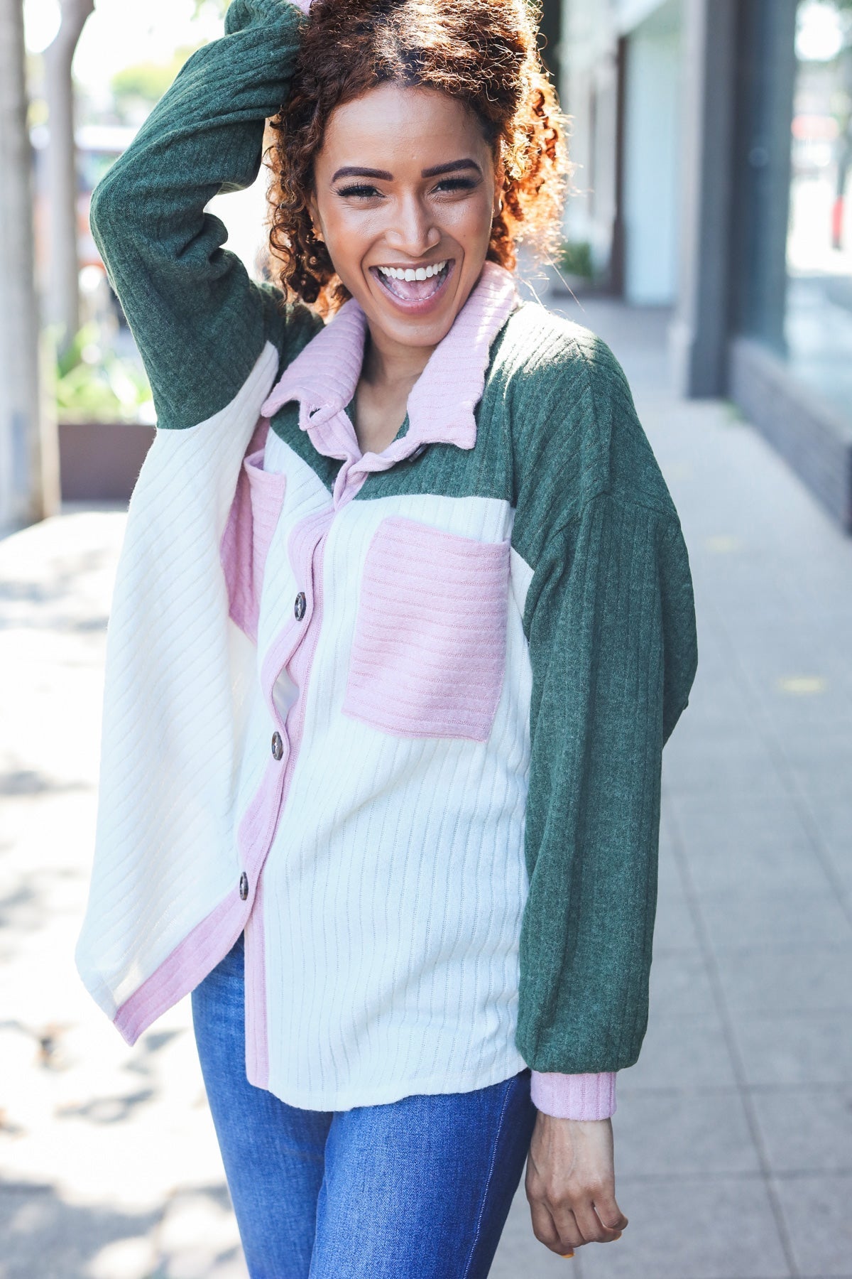 Pretty In Button Down Shacket - Pink & Olive