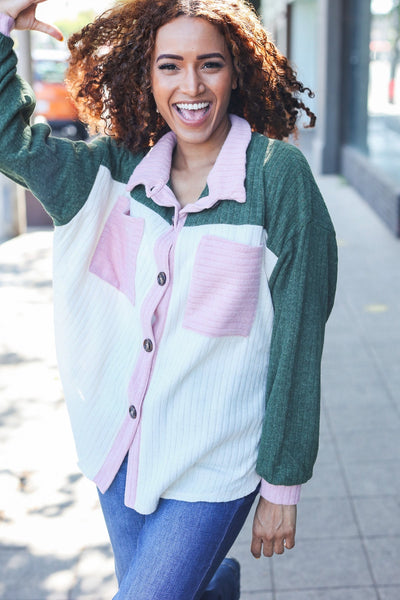 Pretty In Button Down Shacket - Pink & Olive