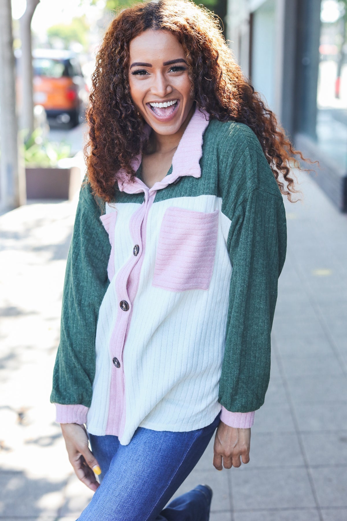 Pretty In Button Down Shacket - Pink & Olive