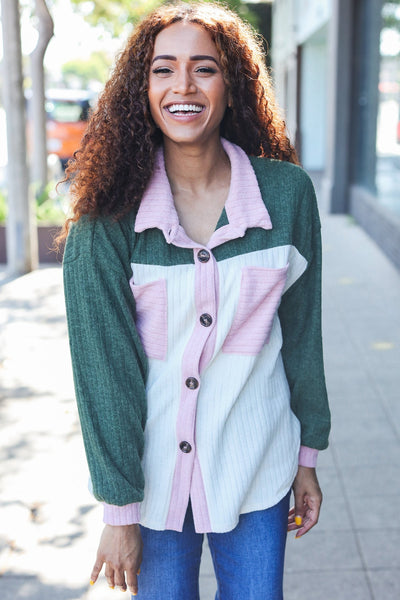 Pretty In Button Down Shacket - Pink & Olive