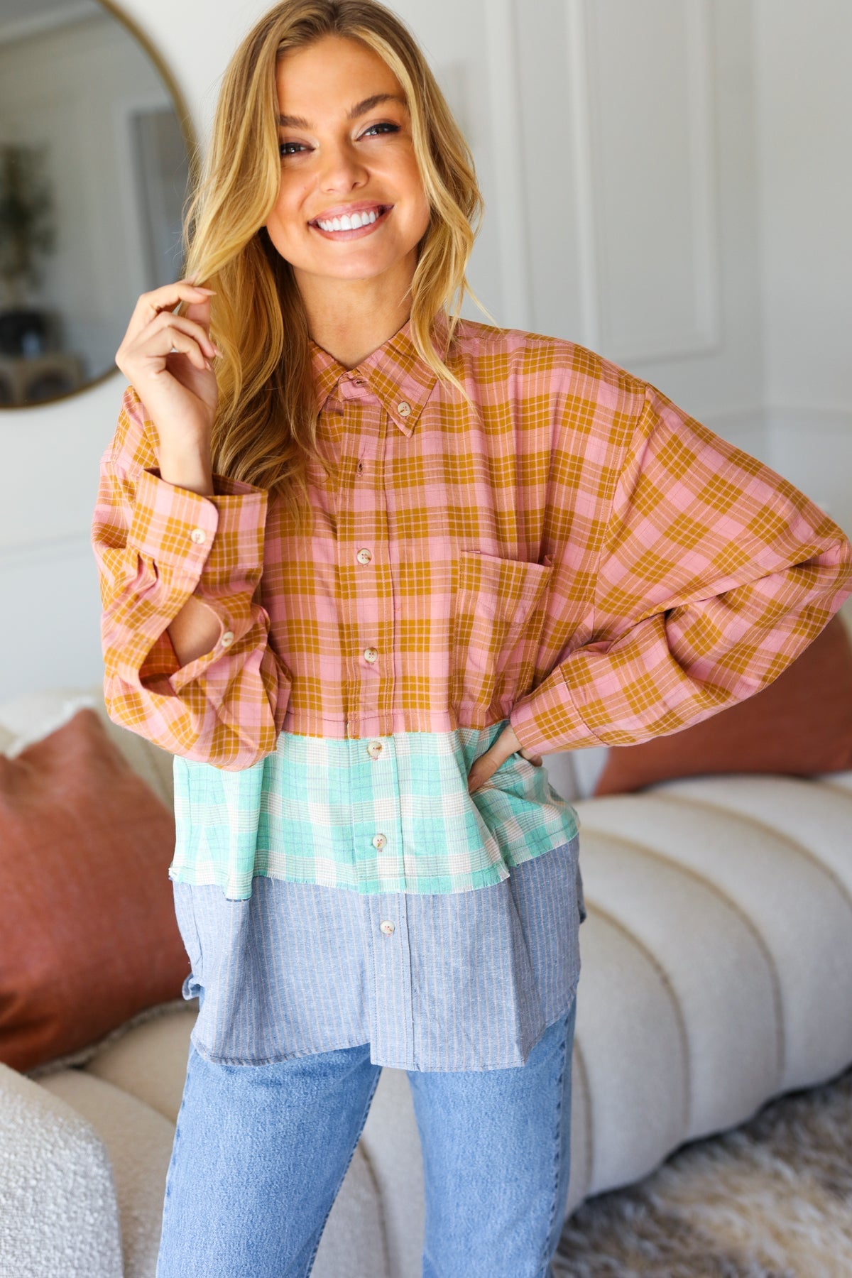 You've Got This Button Down Shirt in Mint + Mauve