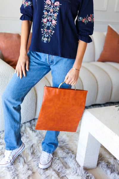 Fold Over Gold O-Ring Vegan Leather Clutch - Burnt Sienna